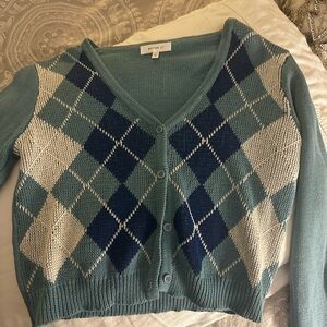 Better Be Women's Blue and Cream Argyle Cardigan